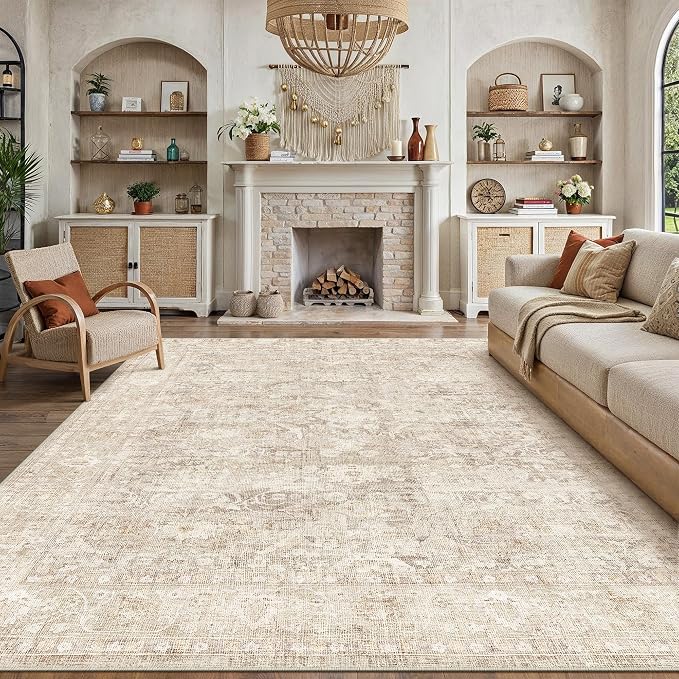 10x12 Beige Neutral Living Room Bedroom Area Rug | Washable, Soft, Non Slip, Low Pile, Vintage, Distressed, Carpet for Dining Room Nursery Office Indoor Home Decor