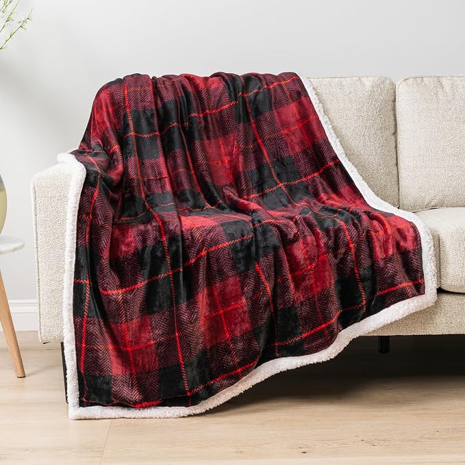 PAVILIA Twin Plaid Sherpa Throw Blanket for Couch Sofa Bed, Black Red 60x80 | GSM 460; Soft Plush Flannel Fleece; Warm&Cozy for Home; Machine Washable, Perfect Cabin Decor Winter Holiday Christmas Gift