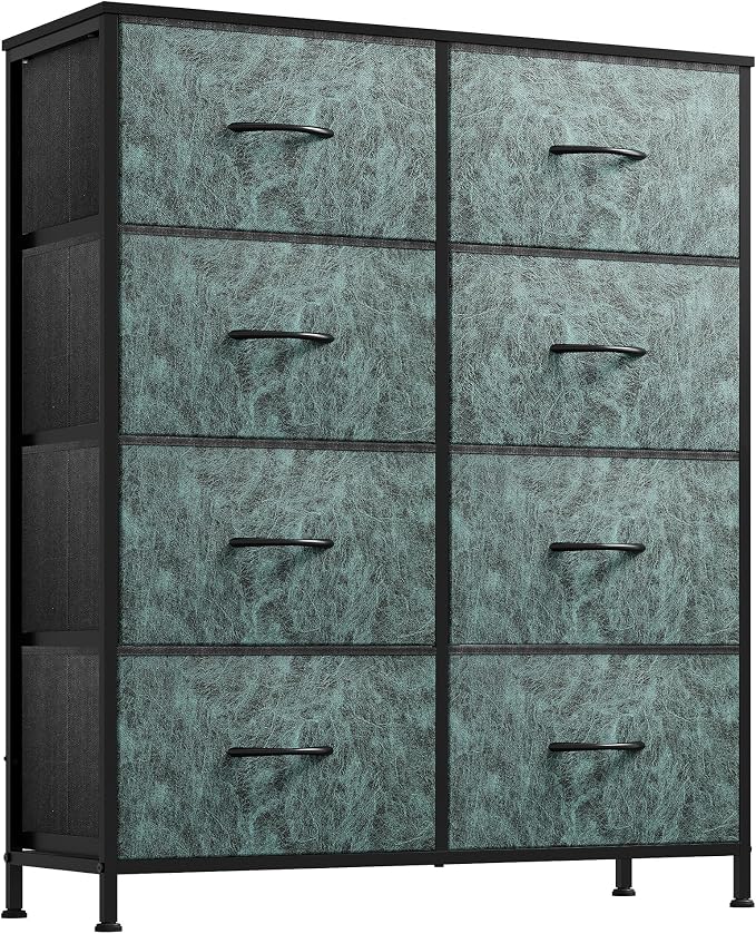 WLIVE 8 Drawer Fabric Dresser for Bedroom, Tall Storage Tower, Green | Green 8-drawer tall storage tower with fabric bins and wood tabletop, breathable non-woven, perfect for bedroom closet dorm