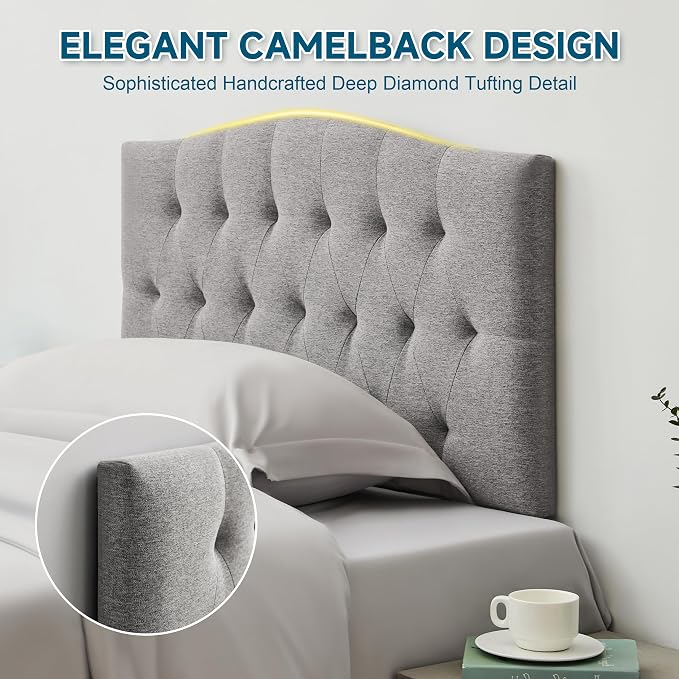 Tufted Upholstered Twin Headboard Only, Adjustable Heige 38-50 in, Gray | Twin Size Headboard for Dorm Bed, Durable Linen Fabric Headboards, Twin XL Headboard with Modern Diamon Design Wood