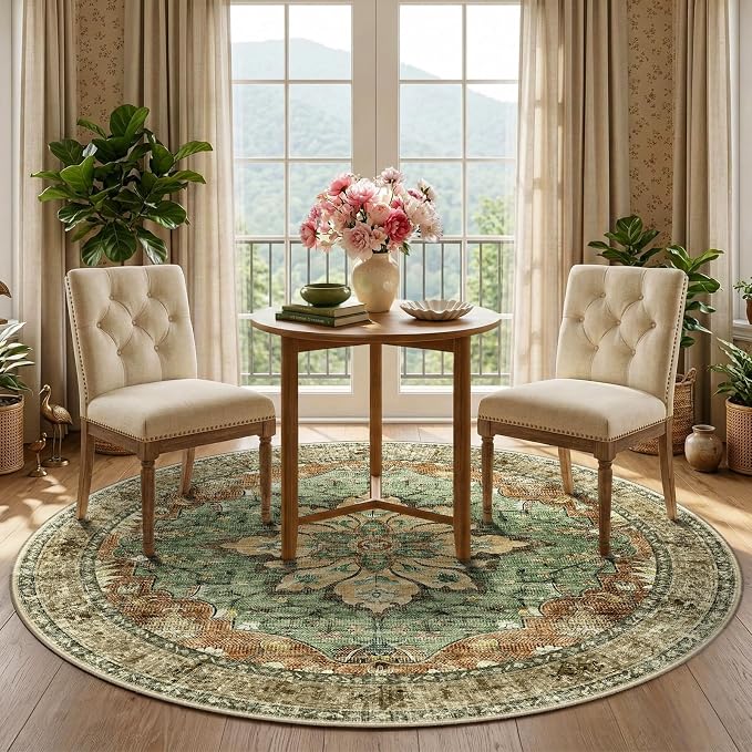 RELEANY Washable Area Rug, Round 5ft, Brick/Brown/Green | Non-Slip, Water Repellent, Pet Friendly, Easy to Clean, Vintage Floral Boho Decor for Living Room Bedroom Dining Room