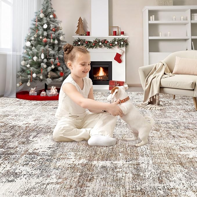UERMEI 8x10 Washable Area Rug - Neutral Modern Abstract Living Room Rugs, Non-Slip Soft Large Indoor Floor Carpet for Bedroom Home Office & Under Dining Table Decor, Brown/Grey/Red