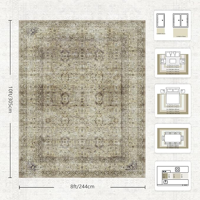 8x10 Area Rugs for Living Room - Washable Vintage Retro Large Rug, Soft Ultra Thin Non Slip Low Pile Traditional Distressed Boho Carpet for Bedroom Dining Room Home Office, Beige Brown