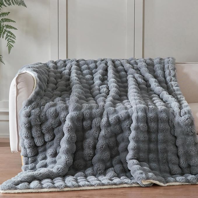 60x80 Inches Ultra-Soft Fuzzy Faux Fur Plush Twin Size Blanket - Thick, Warm Sherpa for Couch, Sofa, Bedroom, Camping - Decorative Blanket for Cozy Warmth, Bubble Grey
