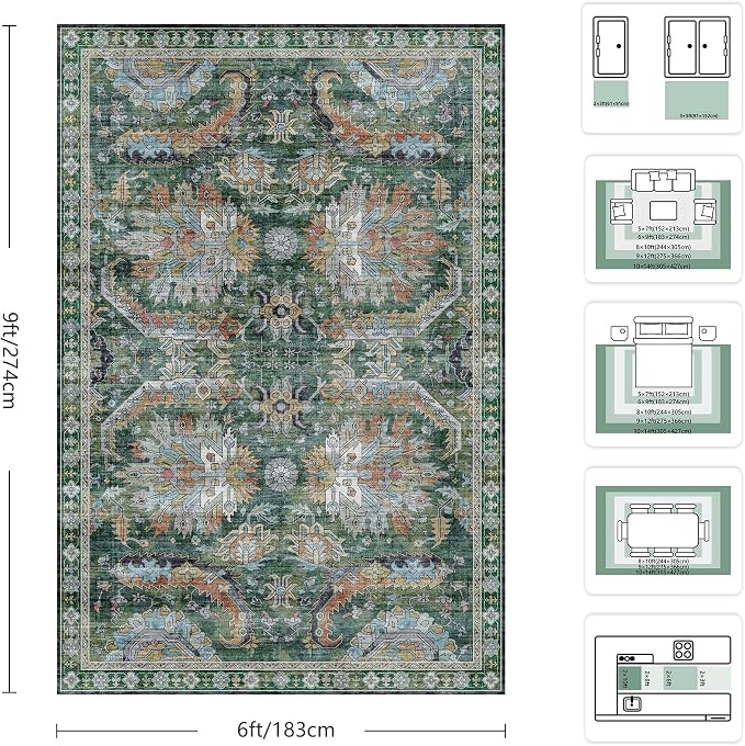 Washable Rug 6x9, Vintage Retro Soft Area Rug, Non-Slip Low Pile Rugs for Living Room, Bedroom, Dining Room, Stain Resistant Home Decor Rug (Green)