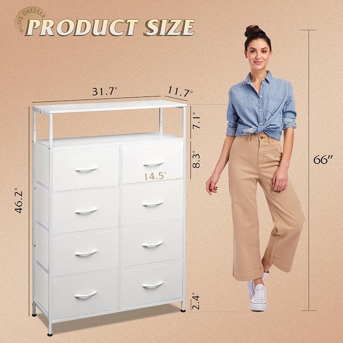 WLIVE 8 Drawer White Fabric Dresser Open Shelves,Tall Storage Tower | White 8-drawer fabric dresser with open shelves, great baby dresser for nursery kids bedroom closet toddler storage