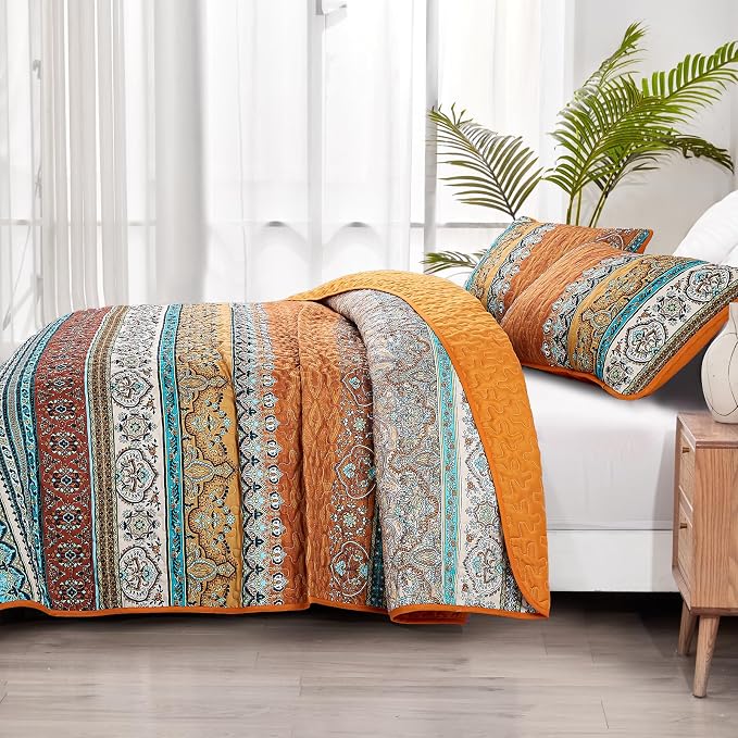 WONGS BEDDING Orange Quilt Queen Size, Boho Stripe Bedding Set, 96"x90" | Lightweight Soft Bedspread Coverlet,Modern Style Bohemian Pattern Bed Cover for All Seasons,3 Piece(1 Quilt,2 Pillow Shams)