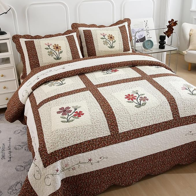 vctops 2 Piece Embroidered Floral Quilted Bedspread Quilt Set 100% Cotton Reversible Patchwork Coverlet Set 1 Quilt and 1 Pillow Sham (Coffee,Twin)