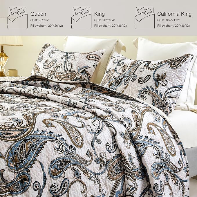 Whale Flotilla Patchwork Quilt King Size, Extra Soft Boho Paisley Bedspread | Reversible Lightweight King Quilt Bedding Set for Bed, Bone Grey Printed Coverlets with 2 Pillow Shams for All Seasons