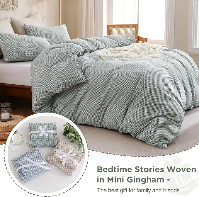 TOCOMOA Mini Gingham Green Duvet Cover Set Washed Cotton Like Linen, Queen | 100% Washed Cotton Linen-Like Feel Soft, Breathable & Comfy. Lightweight Bedding Set with Zipper & 8 Ties. 3 Pcs, No Insert