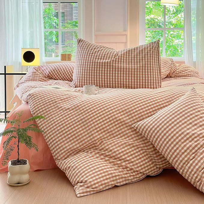 LifeTB Pink Gingham Comforter Set Full Modern Style Pink Plaid Comforter Set 3 Pieces Grid Checkered Pattern Comforter with 2 Pillowcases Fluffy Boho Farmhouse Gingham Bedding Comforter Full