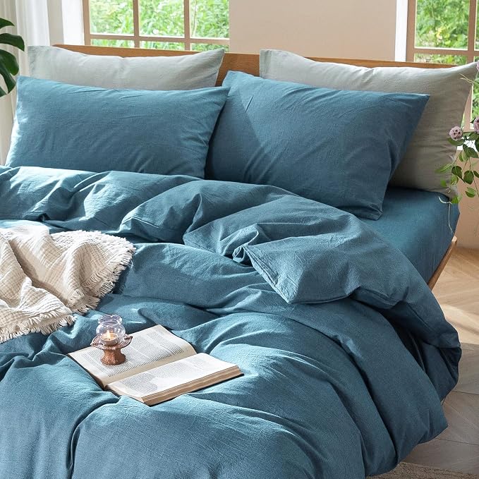 MooMee Duvet Cover Set 100% Washed Cotton Linen Like King | Relaxed Linen-like Texture. Soft, Breathable & Long-lasting Comfort. Lightweight. Hidden Zipper with 8 Interior Corner Ties