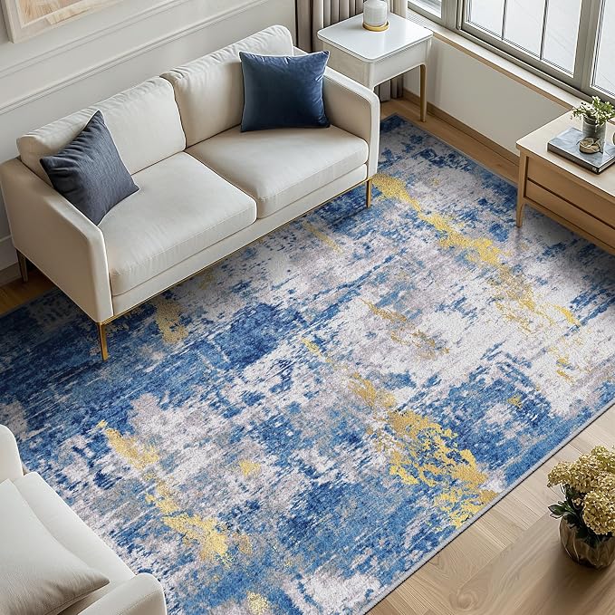 RELEANY Washable 8'x10' Abstract Area Rug for Living Room Blue Gold | Carpet for Bedroom, Kitchen, Office, Hallway and Entryway, Printed Pattern, Non‑Slip, Soft, Stain‑Resistant, Easy to Clean