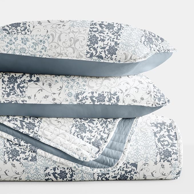 Merit Linens Soft Quilt Coverlet Bedding Set - Pattern/Solid Reversible - King/Cal-King Dusk Blue