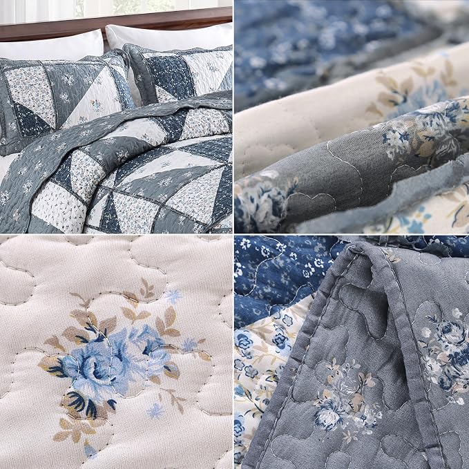 King Size Quilt Set Grey Floral Patchwork Quilted Bedspread Coverlet Set | VIVILINEN 3-Piece Floral Reversible Stitched Quilt Bedding Set Lightweight Comforter Bed Cover Blanket with 2 Pillow Shams