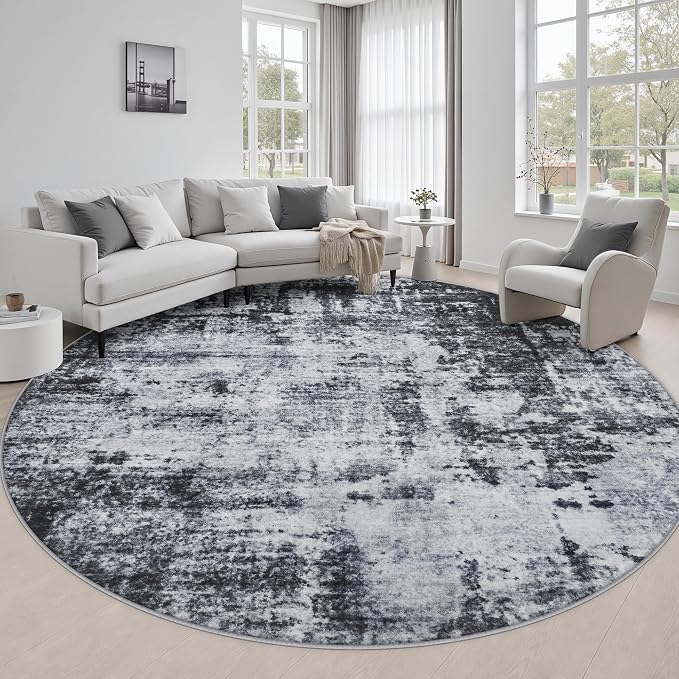 Round Area Rug Living Room: 6 ft Modern Washable Carpet Dark | For Bedroom Dining Room Farmhouse Nursery Hallway Office,Modern Abstract,Machine washable,Non-Slip,Stain Resistant,Indoor