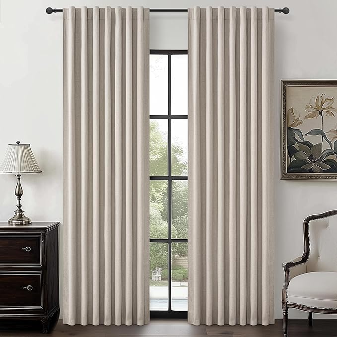 Grey Flax Taupe Hook Belt&Rod Pocket Curtains 84 inch Length 2 Panels Set, White Backing Thermal Living Room/Bedroom/Sliding Door Linen Blackout Curtain Window Boho Summer Drapes (50"Wx84"L)