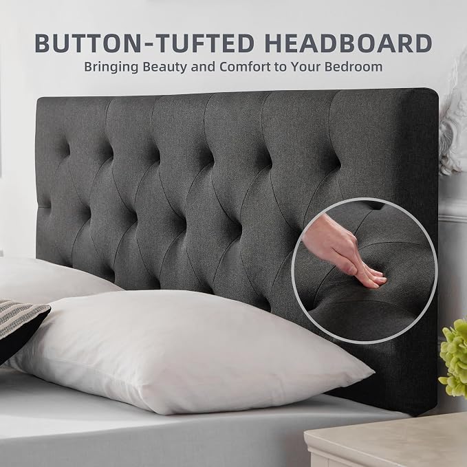 Linen Headboard King Size, Adjustable Height Headboard 37-51 in, Dark Gray | Diamond Tufting Solid Wood King Headboards, Durable Metal Legs, Upholstered King Head Board for Bed Frame, Modern Fabric