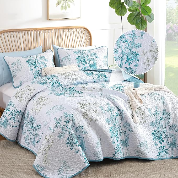 WONGS BEDDING Floral Quilt Set Full, 3 Pcs Teal Bedspreads Coverlets | Spring Summer Floral Farmhouse Bedspread with 2 Shams,Soft Microfiber Lightweight Coverlet for All Season 78"×90"