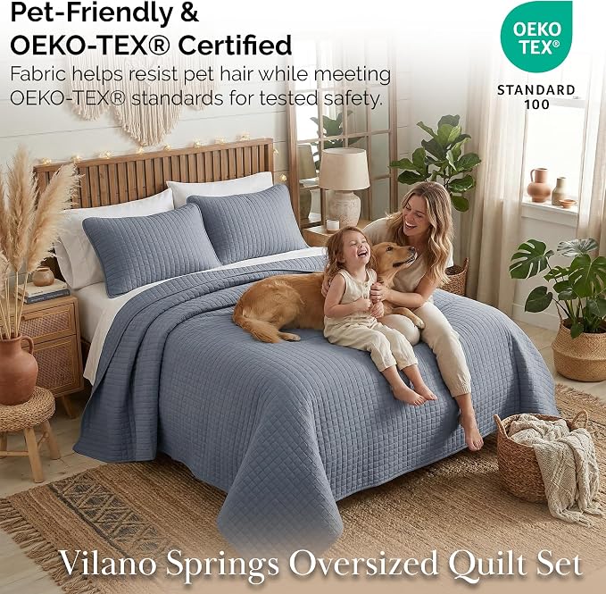 Southshore Fine Living, Inc. Oversized King Quilt Set, Blue Bedspread King California with 2 Matching Pillow Shams, Microfiber Coverlet Set, Oversized King Size Bedspread, Slate Blue Quilt