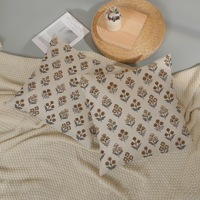 Brown Grey Pillow Covers 18x18 Inch 2 Pcs Gray Block Print Vintage Floral Decor Throw Pillows Boho Flower Spring Summer Outdoor Seasonal Decoration Pillowcase Linen Cushion Cover for Couch Sofa