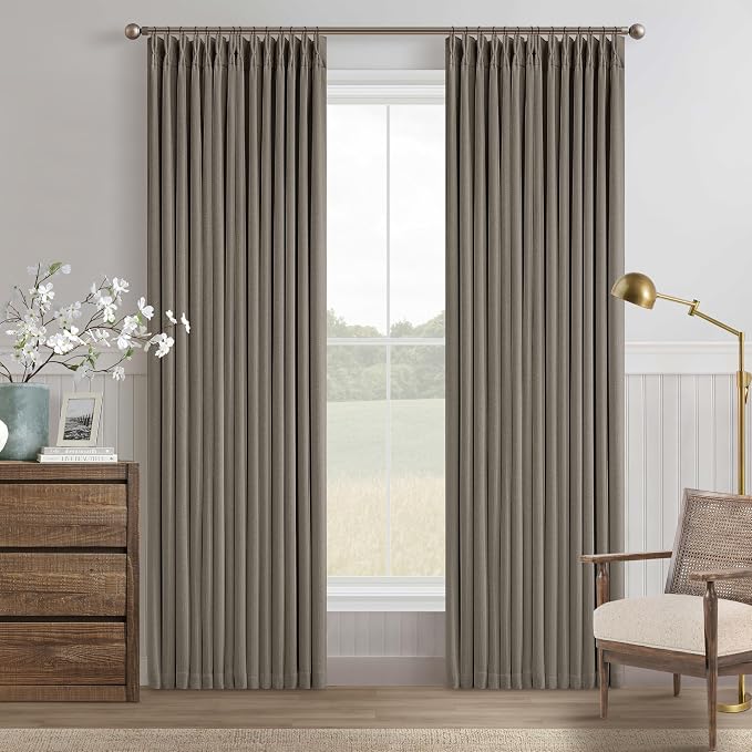 Desert Taupe Linen Blackout Pleated Curtains 86 Inches Long for Living Room | Pinch Pleat, 100% Black Out, Room Darkening, Thermal Insulated, Soundproof, Brownish Grey 86 Inch Drapes for Dining Bedroom