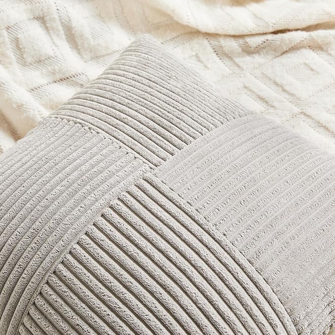 Fancy Homi 2 Packs Neutral Grey Lumbar Decorative Throw Pillow Covers 14x24 Inch for Living Room Couch Bed Sofa, Farmhouse Home Decor, Soft Striped Corduroy Rectangle Accent Cushion Case 35x60 cm