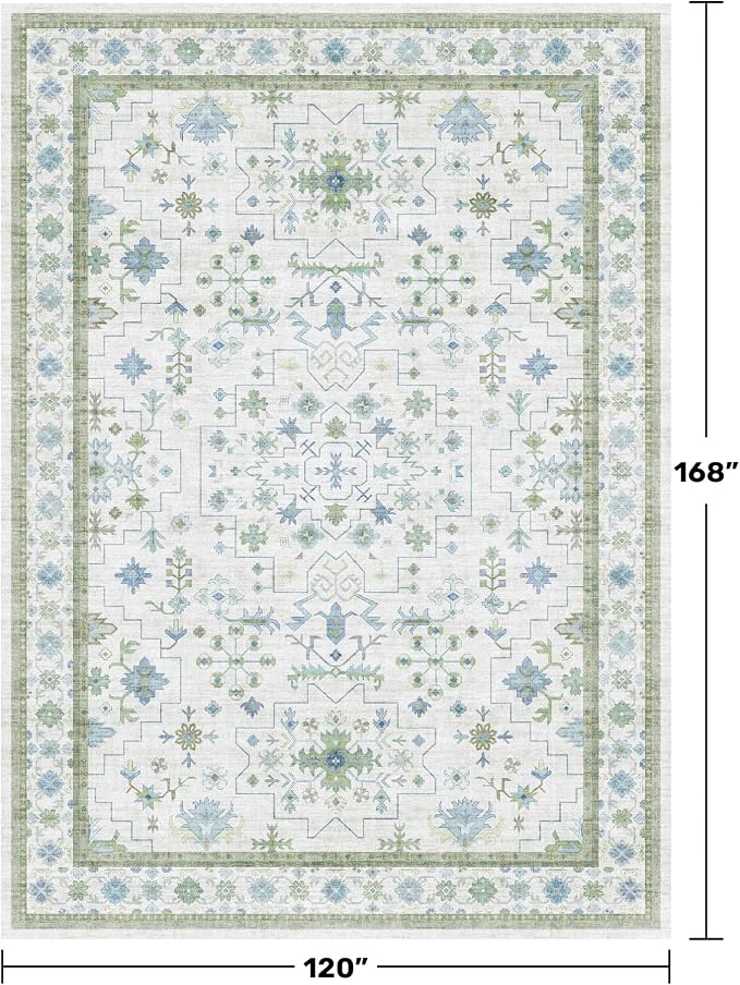 Oriental 10x14 Rug Living Room - Washable Oushak Boho Extra Large for Bedroom Non Slip Soft Faux Wool Carpet for Dining Room Playroom - Cream Blue and Green Floral Rug