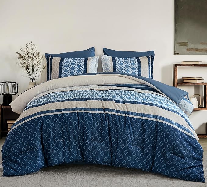 Cottolester Full Comforter Set 7 Pieces Blue Boho Striped Bed in a Bag | Plaid Comforter Set,Soft Microfiber Complete Bedding Set,All Season