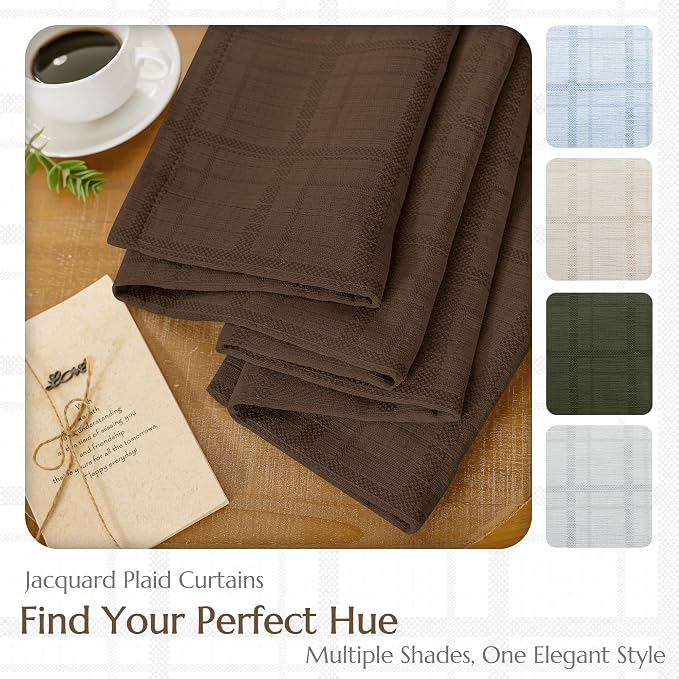 Beauoop Brown Plaid Jacquard Blackout Curtains for Bedroom 52x63 2 Panels | Gingham Checkered Room Darkening Drapes for Living Room 63 Inch Long Thermal Insulated Soundproof Window treatment Grommet