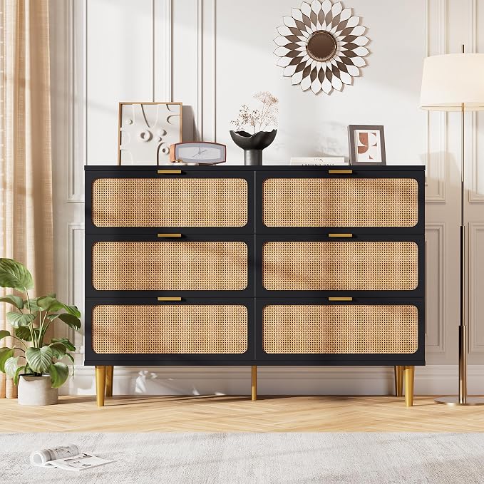 GarveeHome Rattan 6 Drawer Dressers for Bedroom, Deep Drawer, Black | Tall Dresser, Wide Top, for Living Room, Hallway, Kids Room, Large Chest of Drawers for Closet, Long Wooden Dresser