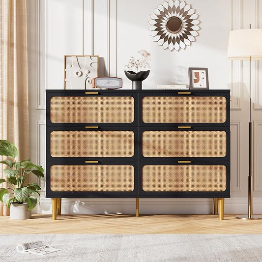 GarveeHome Rattan 6 Drawer Dressers for Bedroom, Deep Drawer, Black | Tall Dresser, Wide Top, for Living Room, Hallway, Kids Room, Large Chest of Drawers for Closet, Long Wooden Dresser