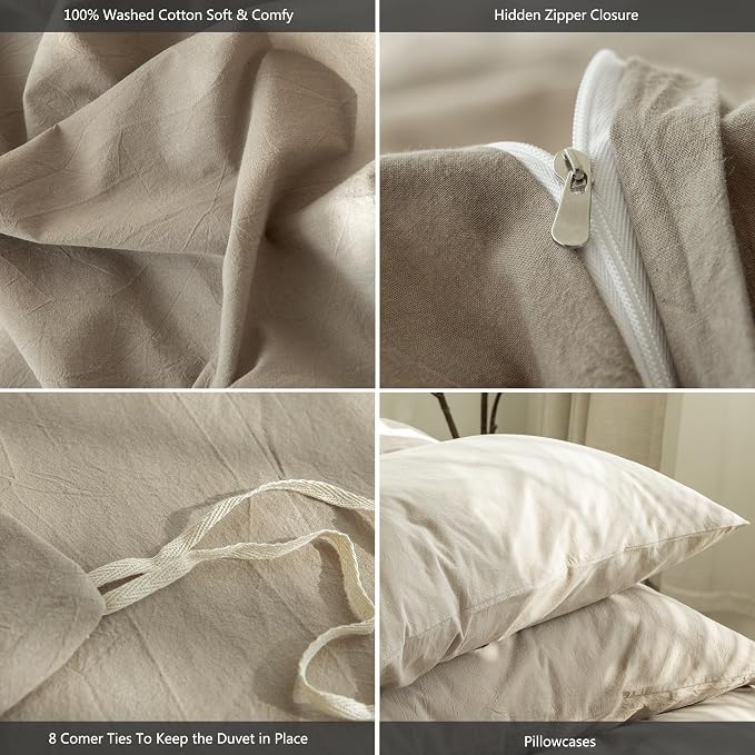 MooMee Duvet Cover Set 100% Washed Cotton Linen Like Alaska King | Relaxed Linen-like Texture. Soft, Breathable & Long-lasting Comfort. Lightweight. Hidden Zipper with 8 Interior Corner Ties
