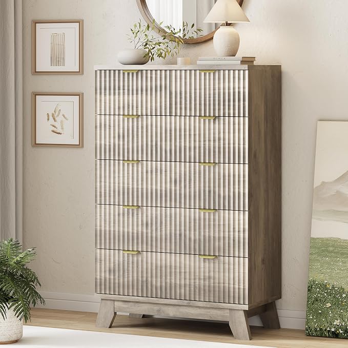Xixini Fluted Dresser for Bedroom with 6 Drawers, 46" Tall Modern Chest of Drawers with Metal Handle, Wooden Dresser TV Stand, Wood Closet Clothes Storage Organizer for Living Room, Hallway, Grey