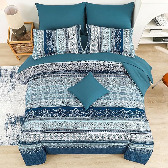 Cottolester Boho Full Size Comforter Set 8 Pieces, Teal Blue Comforter Bohemian Striped Bed in A Bag, Soft Microfiber Bedding Set for All Seasons