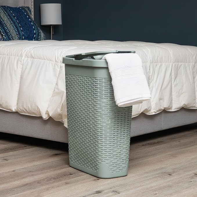 Mind Reader Slim Laundry Hamper with Lid, 40L Clothes Basket, Narrow Tapered Design with Ventilated Cutout Pattern, Plastic, Mint