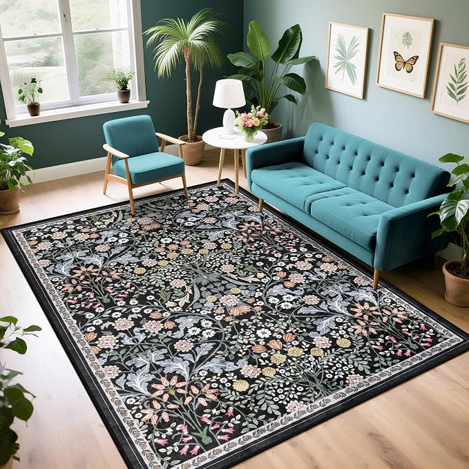 PLHXFR Area Rug Living Room: 5x7 Floral Washable Boho Carpet Dark Black | For Bedroom Dining Room Farmhouse Nursery Hallway,Vintage Floral,Machine washable,Non Slip,Stain Resistant,Large Indoor