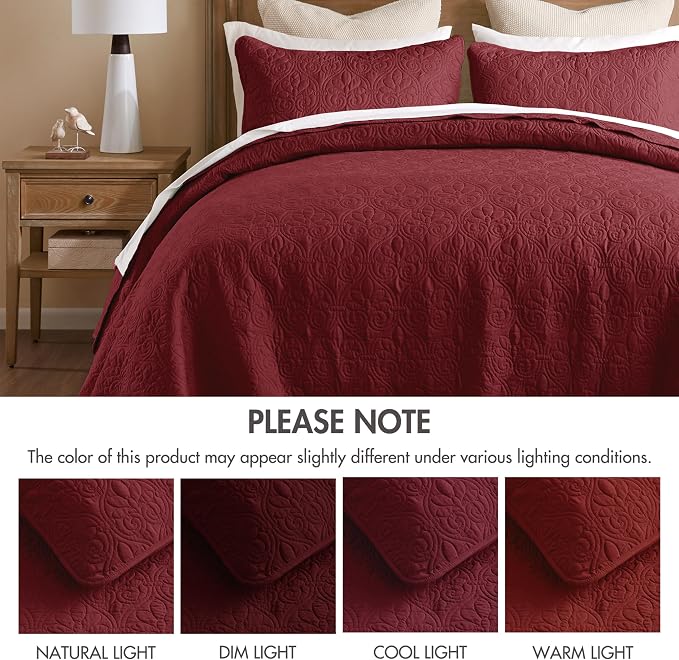 Madison Park Queen Quilt Bedding Set, Cottage-Inspired Damask, 3PC | All Season Quilted Coverlet, Classic Stitch Pattern Bedspread & Shams, Ultra Soft Microfiber Bedspread Set, Red