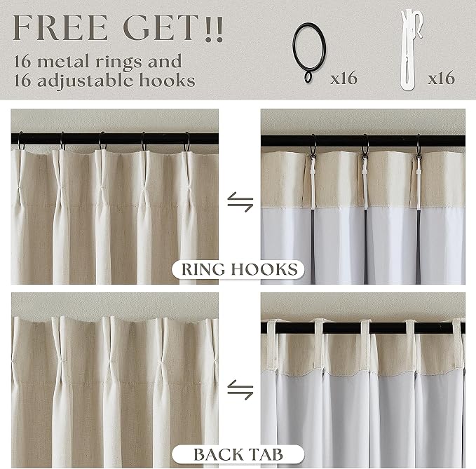Cream Beige Linen Pinch Pleat Black Out Curtains 84 Inch Length 2 Panels | 2 Layer for 100% Blackout, Pinch Pleated with Hooks Rings Track Back Tab, Room Darkening Soundproof, for Bedroom Living Room