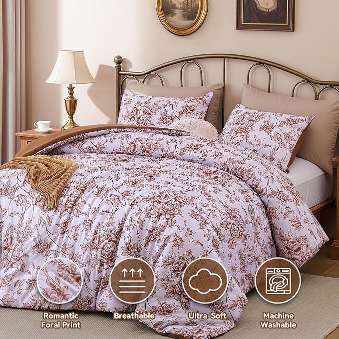 JANZAA Queen Size Comforter Set - Terracotta Floral Shabby Chic Bedding | 3 Piece Cute Floral Bedding for All Season, 1 Soft Fluffy Breathable Microfiber Comforter Set with 2 Pillowcases