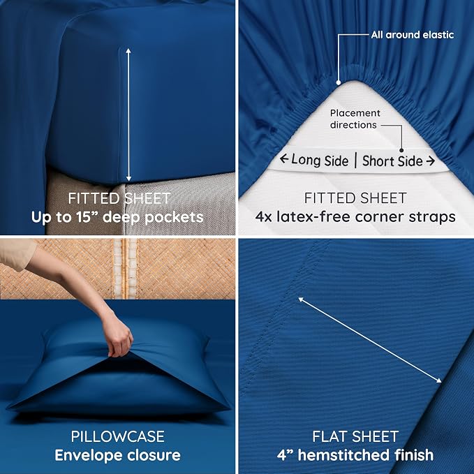 Bambaw Twin Sheets Set – 4-Piece 100% Viscose Derived from Bamboo Sheet Set, Cooling, Silky Soft & Breathable, Moisture Wicking, Deep Pocket Fits Up to 15" Mattresses (Navy Blue)