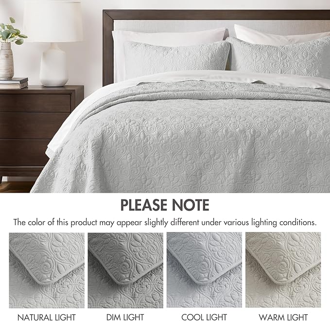 Madison Park Luxurious Cotton Damask Quilt Set, 2PC Twin/Twin XL Bed Set | All Season, Lightweight Stitching Coverlet Bedspread Bedding Stitching with Shams, Grey