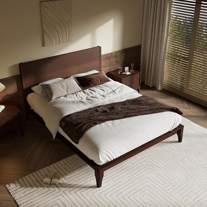 Merax Full Size Bamboo Platform Bed Frame with Tall Headboard, Espresso | Mid-Century Modern Solid Bedframe Full-Size, Wood Slat Support, No Box Spring Needed, Easy Assembly, Noise Free