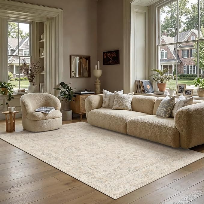 6x9 Light Cream Neutral Area Rug | Washable, Vintage, Soft, Non Slip, Low Pile, Distressed, Carpet for Living Room Bedroom Dining Room Nursery Home Decor
