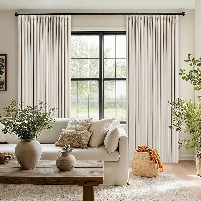 102 Inch Pinch Pleated Blackout Curtains for Bedroom 2 Panels Natural | Thick Linen Textured, Memory Trained, 100% Black Out Room Darkening, Cream Window Curtains Double Layer, Pinch Pleat Drapes