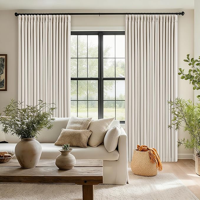 TWODRAPES Natural Pinch Pleated 100% Blackout Linen Curtains 96 Inch Length | Pinch Pleat Curtains, Black Out Light Blocking, Room Darkening Drapes Dual Layer, for Bedroom Living Room Window, Cream Ivory