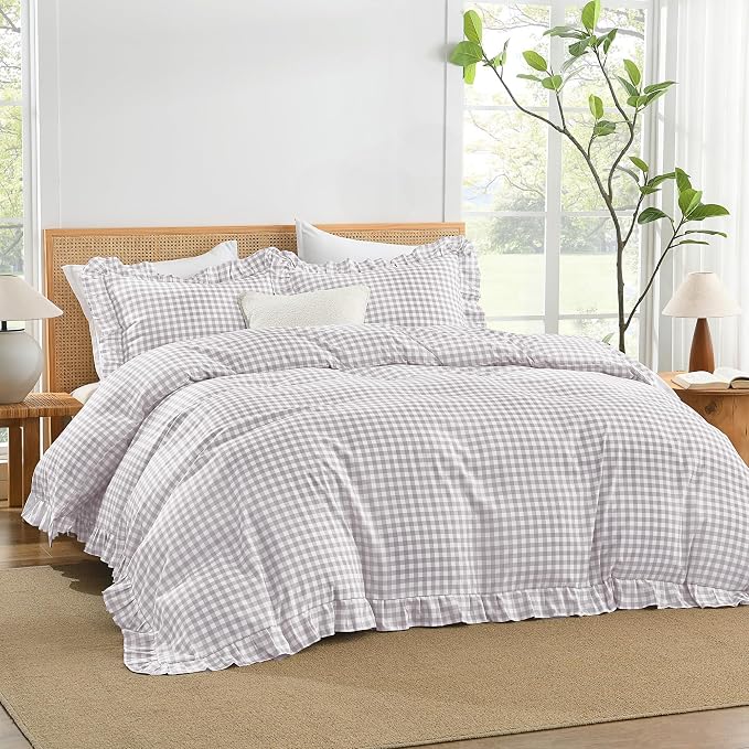 Andency Light Grey Gingham Duvet Cover Full, Ruffle Chic Bedding Set 3 Pcs | Farmhouse Soft Pre-Washed Polyester Comforter Cover with Zipper Closure & Corner Ties, 79x90Inch