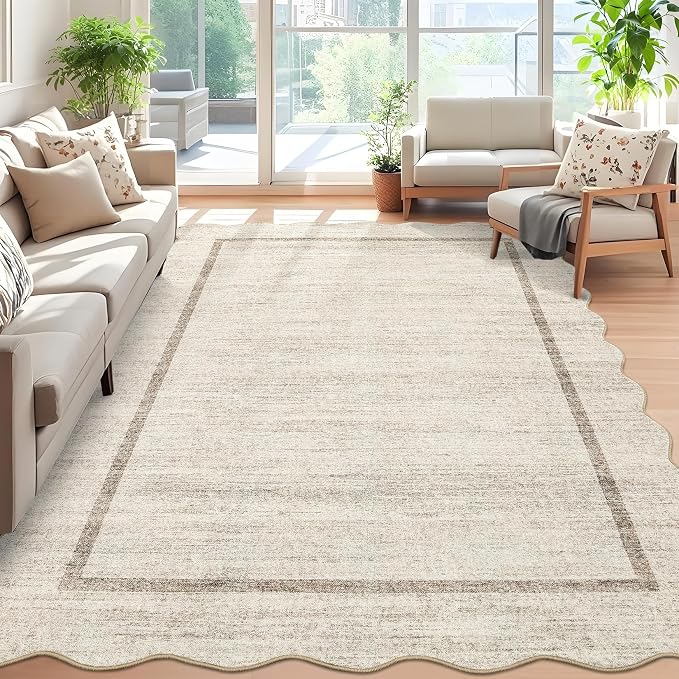 GarveeHome Scalloped Washable Rug 4x6 Boho Living Room Area Rug, Beige | Bordered Non-Slip Farmhouse Bedroom Carpet Dorm Room Throw Rug, Low Pile Soft Accent Mat for Kitchen Entry Office