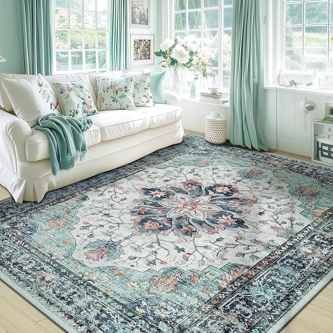 RELEANY Washable Area Rug, 5'x7', Teal Green/White/Navy | Non-Slip, Water Repellent, Pet Friendly, Easy to Clean, Vintage Floral Boho Decor for Living Room Bedroom Dining Room Office