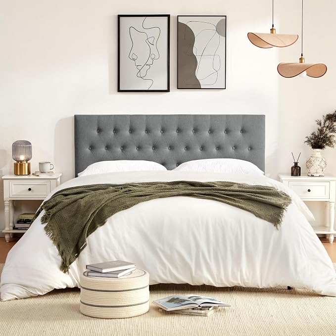 Tufted Upholstered Headboard King Size, Adjustable Height 37- 51 in, Gray | Sturdy and Durable Solid Wood Bed Headboard, Fabric King Headboard Only, Modern Button Diamond Design Head Board